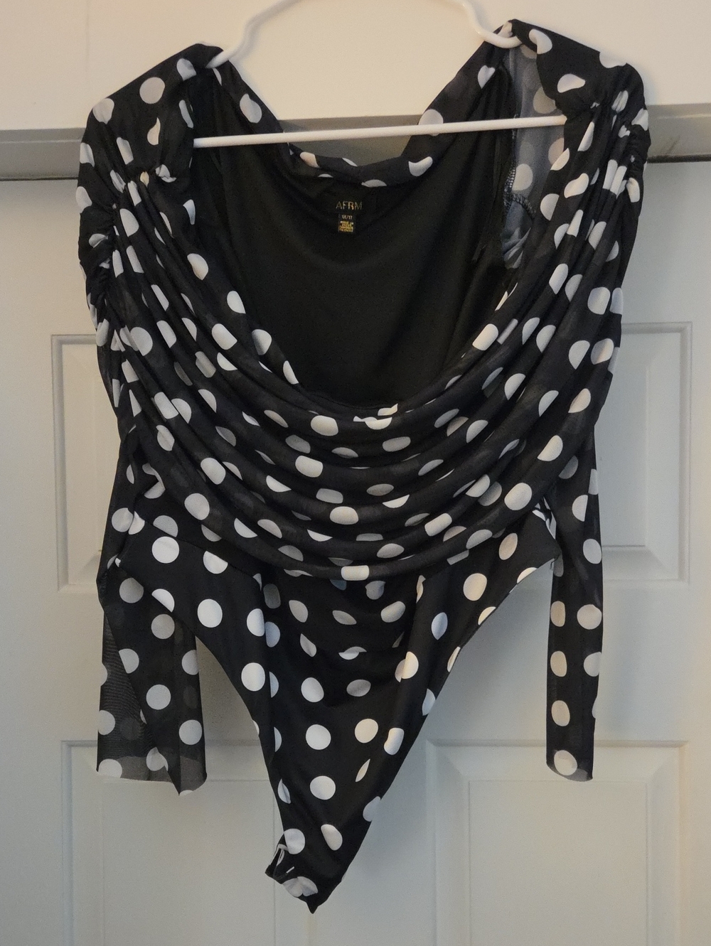 AFRM Maxine Ruched Mesh Polka Dot Bodysuit Off the Shoulder Black 1X